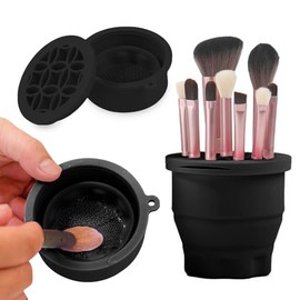 Makeup Brushes Cleaner Mat with Brush Storage Holder, Folding Portable Washing Tool for Makeup Brush Cleaning, 2 In 1 Silicone Brush Cleaner Pad & Cosmetic Brush Organizer Rack (Black)