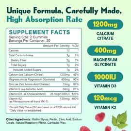 1200mg Calcium Citrate with Vitamin D3 Gummies for Bones, Muscles, Immune Support, Chewable Calcium Citrate with Vitamin D3 K2 C, Magnesium, Zinc, Raspberry