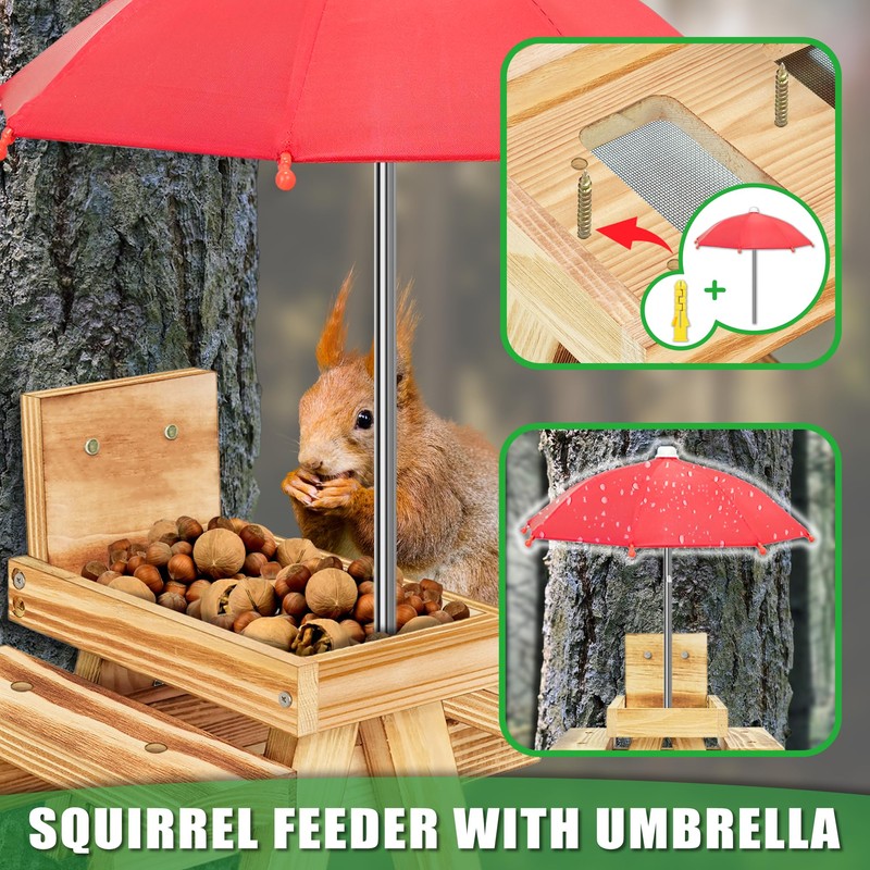 Carbonized Wood Squirrel Feeder with Umbrella, Squirrel Feeders for Outside
