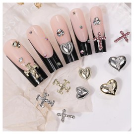 16 PCS 3D Heart-Shaped Cross Alloy Nail Charms,Luxury Alloy Rhinestones Diamonds Nail Art Accessories for Acrylic Nail Art DIY Nail Designs