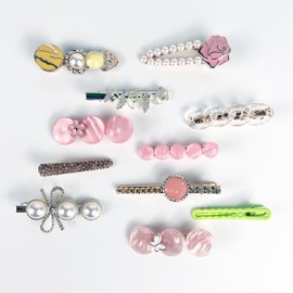 11Pcs Pearl Acrylic Resin Hair Clips Set - Cute Macaron Alligator Hair Barrettes, Duckbill Bobby Pins, Glittering Hair Accessories for Women Girls Decorative Wedding (11Pcs-Pink&Gold)