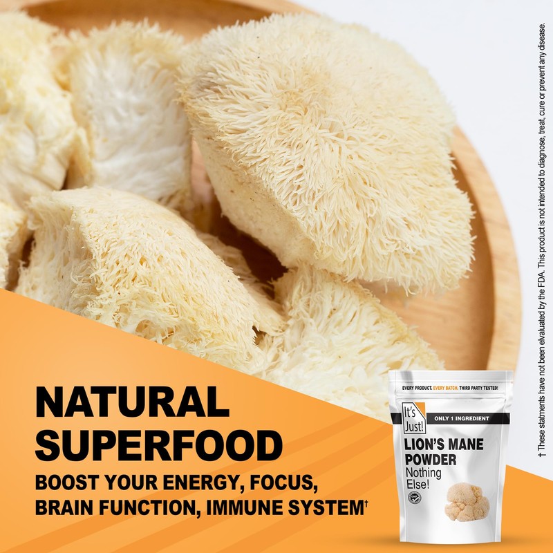 It's Just! - Lion's Mane Mushroom Powder, Natural Raw Superfood,