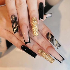 PUSCOBSY Press on Nails Long Coffin Fake Nails Black Gold False Nails Glossy Glitter Acrylic Nails Full Cover Artificial Stick on Nails for Women and Girls 24PCS