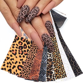 KZBTRBT Leopard Nail Foils, 10pcs Holographic Animal Design Stickers, Acrylic Nails Decorations, Starry Sky Leopard Print, for Women Manicure