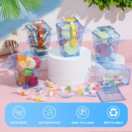 Dandat 100 Pack 5oz Glitter Plastic Dessert Cups with Lids Spoons Set Glitter Square Dessert Shooters Cups Disposable Appetizer Cups Parfait Cups with 100 Stickers for Tasting Sample (Blue)