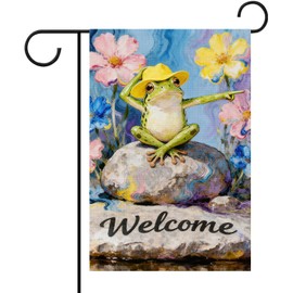 Welcome Garden Flag Double Sided, Friendly Frog with Hat Yard Flag, Colorful Welcome Banner Outdoor Decor for Porch, 12x18 Inch, Pole Not Included