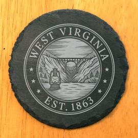 West Virginia Bridge Slate Coasters Set of 8 - Rustic Gray Natural Stone Drink Coasters with Historic New River Gorge Bridge Landscape Design - Handcrafted USA Made Home Bar Decor Gifts