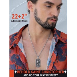 FaithHeart Men's St Christopher Pendant Necklace, Stainless Steel Saint Christopher Dog Tag Jewellery, Catholic Amulet Neck Chain 22"+2" inches