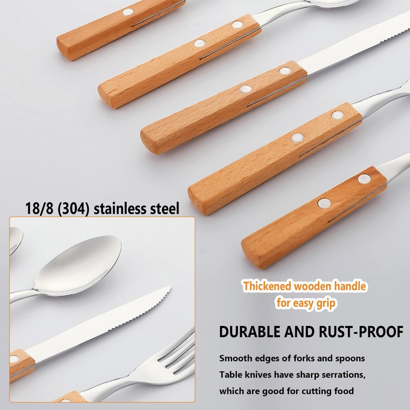 40 Pcs Wooden Handle Silverware Cutlery Set Walnut Handle 18/8