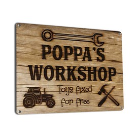 Poppa’s Workshop Toys Fixed for Free, 11.5 x 15.5 Inch Aluminum Sign, Vintage Workshop and Garage Signs Wall Decor, Gifts for Papa, Dad, Pop, Woodworking, Woodturning, Cabinet Maker, Mechanic