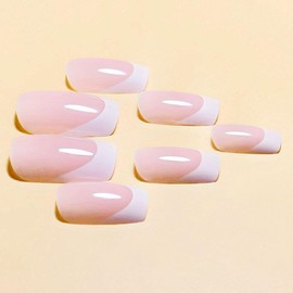 White French Tip Press on Nails Short Square Fake Nails Nude Pink False Nails Full Cover Acrylic Artificial Nail Glossy Stick on Nails for Women Manicure 24Pcs