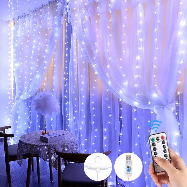 LED Curtain Light, Jewelry Light, Fairy Light, Illumination, Curtain, 3.9 x 9.6 ft (3 x 3 m), 300 LED Bulbs, USB Powered, 8 Flashing Patterns, Indoor, Easy Operation, String Control, Remote Control,