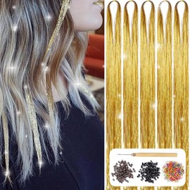 AIFIHIYI Hair Tinsel Kit with Tools 48 Inch 1200 Strands Gold Tinsel Hair Extensions Fairy Hair Tinsel Kit Heat Resistant Glitter Hair Extensions Tensile Hair Accessories for Girls Women (Gold)