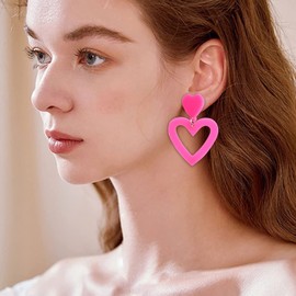 2024 Summer Hot Pink Love Heart Earrings for Women Y2K Double Heart Red Dangle Earrings Lightweight Acrylic Earrings Jewelry for Valentine's Day Wife Mom Her-Rose Red