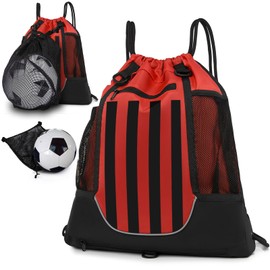 STAY GENT Drawstring Basketball Backpack for Children Teenagers Adults Foldable Football Volleyball Sports Bag with Removable Ball Mesh Bag for Gym Yoga Hiking Red Black Stripes