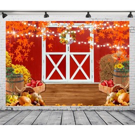 DePhoto 7x5Ft Fall Farm Backdrop Red Barn Door Western Ranch Wooden Cowboy Birthday Portrait Background Banner Thanksgiving Pumpkin Sunflower Newborn Adult Photo Booth Photography Props