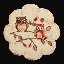 Owl Tablecloth Table Runner Blanket Cushion Cover Linen Look Cream Beige Autumn Leaf Embroidery – Choice of Sizes Approx. 20 cm Round