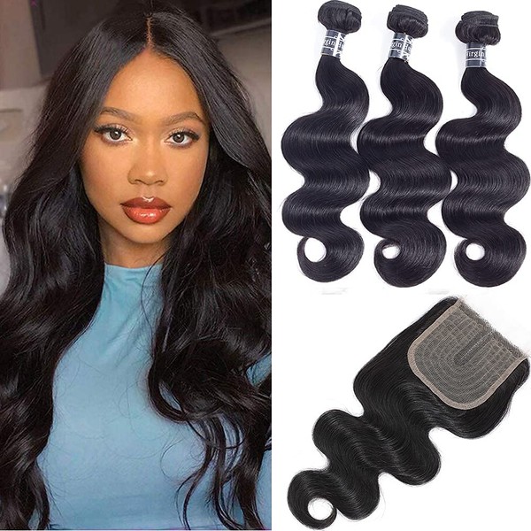 Amella Hair Brazilian Body Wave Hair 3 Bundles with T-Part Lace Closure Middle Part(10 12 14+10 Closure)100% Unprocessed Virgin Brazilian Body Wave Human Hair 3 Bundles with Closure Natural Black