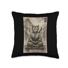 Meditation Samurai Cat Ukiyo-e Edo Japanese Warrior Throw Pillow