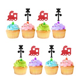 24pcs Train Cupcake Toppers, Steam Train Birthday Cupcake Topper, Black Glitter Choo-choo Chugga-Chugga Cupcake Picks for Kids, Train Themed Baby Shower Party Supplies