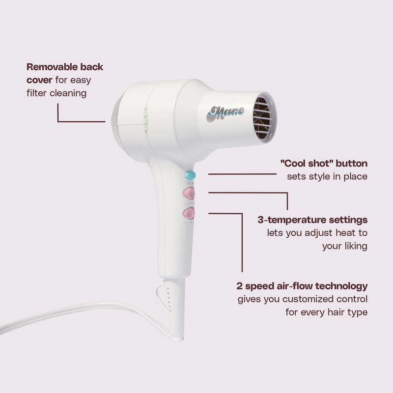 Mane Compact Ionic Hair Dryer With Diffuser, Wide Tooth Comb