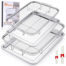Air Fryer Basket for Oven, 2 Set Oven Air Fryer Basket and Tray with 60 PCS Parchment Papers, Stainless Steel Air Fryer Pan and Crisper Tray for for Baking Cooking and Frying(15.6"X11.6" & 13"X9.7")