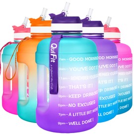 QuiFit 2.2 Litre Motivational Water Bottle - with Straw & Time Marker,Wide Mouth,BPA Free,Reusable,Ideal for Gym,Outdoor Sport,Home & Office (Green/Purple, 2.2 Liter)
