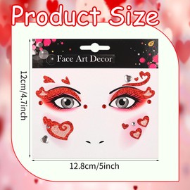 2 Pcs Valentines Face Tattoos Sticker Red Heart Face Gems Sticker Sparkling Face Jewels Stick On Glitter Temporary Tattoo for Women Girls Eye Face Makeup Face Art Stickers Valentines Day Party Supply