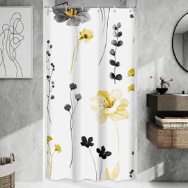 WITHLOC Shower Curtain Watercolor Flower Shower Curtain Sets - Spring Yellow Gray Floral Plant Shower Curtains for Bathroom, Washable Modern Farmhouse Decor，36 x 72