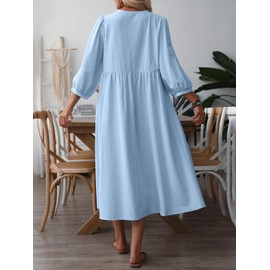 Celmia Cotton Dress for Women Summer Boho Puff Sleeve Linen Maxi Dress Light Blue Medium