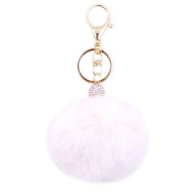 jtkdxqs Soft Pom Pom Keychain Artificial Rabbit Fur Plush Fluffy Ball Key Ring with Shiny Crystal for Women,white