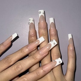 MISUD Press on Nails Long Square Fake Nails Glossy Glue on Nails White French Tip Acrylic Nails Squoval Artificial Nails Pearl Stick on False Nails with Design 24 pcs