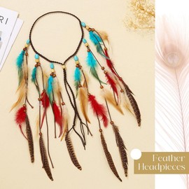 Boho Feather Headband Gypsy Headdress Bohemia Turquoise Headpiece Blue Hippie Headbands Hairband Adjust Headwear Feather Hair Accessories for Women and Girls (Type A)