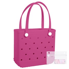 X-Large Rubber Beach Bag Travel Tote Bag with Waterproof Zipper Pocket, Washable Durable Rubber Beach Tote Mom gift (Rose Red, Large)