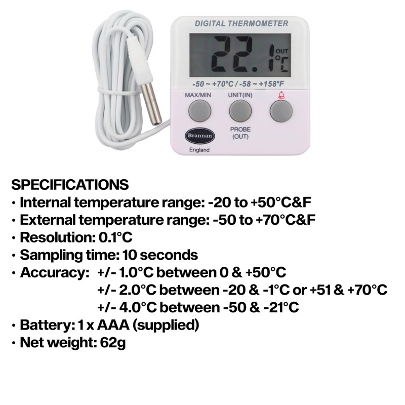 Brannan Refrigerator Thermometer Digital - Fridge and Freezer Alarm Alert