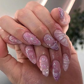 24 Pcs Pink Almond Press on Nails Medium Fake Nails Handmade False Nails with Floral Pearl Design Handmade Flower Nail Acrylic Nails Press ons Pink Full Cover Reusable Stick on Nail for Women