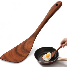HANSGO Wooden Spatula, 12 Inch Acacia Wood Nonstick Turner, Right Hand Long Handle Flat Frying Spatulas, Kitchen Gift for Mother Wife Grandma, Non Toxic Cooking Utensils for Eggs, Fish, Pancakes