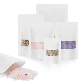 Larzack 100pcs Kraft Bags with Window 7.1x10 Inches White Reusable Sealable Ziplock Food Storage Stand up Paper Pouches for Home or Business