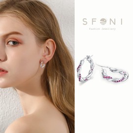 Sfoni Silver Hoop Earrings for Women, Hypoallergenic Sterling Silver Twist Hoops Lightweight Huggie Hoops Jewellery Gift for Birthday Christmas, 20mm / Red Stone