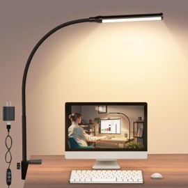 ShineTech LED Desk lamp with Clamp, 3000K Warm White 11 Brightness Level Eye-Caring Clip Lights for Home Office, Flexible Gooseneck USB Adapter, Black