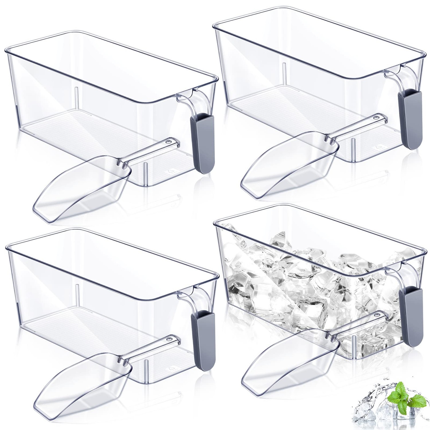 4 Set Clear Plastic Storage Bin with Scoop Clear Freezer Ice Bin with ...