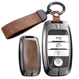 ontto Smart Remote Key Fob Cover with Keychain Metal and Leather Key Holder with Clear TPU Front Cover Fit for Kia Optima Sorento Rio Rio5 Forte NIRO K3 K4 K5 Sportage Sedona Soul Cerato,Brown