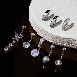 JESMODA 8PCS Belly Button Rings Silver 14G 1.6MM Stainless Steel Belly Rings CZ Clicker Short Style Dangle Belly Piercings for Women Pack,Silver/Gold