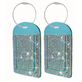 Blue Luggage Tags for Women's Suitcases Cute Bling Diamond Laether Travel Tags for Cruise and Travel Essentials-2 Packs