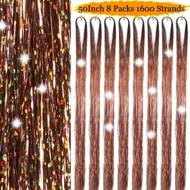Hair Tinsel Brown 50inch 8packs 1600 Strands Tinsel Hair Extensions Shiny Hair Accessories Sparkling Fairy Glitter Hair Extension for Women(50",Brown)
