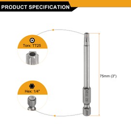 sourcing map 3pcs TT25 Security Torx Head Screwdriver Bit 3" (75mm) Long 1/4" Hex Shank Magnetic Tamper Proof 6 Point Star Screw Driver Drill Bits S2 Steel Hole Tip Industrial Power Tools