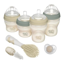 Vital Baby Nurture Breast-Like Starter Set 0m+ Baby Feeding Bottles Self-Sterilising, Anti-Colic, Slow Flow Teats, EarthSmart Biodegradable Includes Bottles, Teats, Brush & Soother BPA-Free