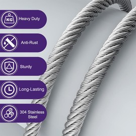 hannger 5/16 Stainless Steel Cable 25ft, 7x19 Strand Wire Rope Cable, 9000 lbs Break Strength, Steel Cables with Loops, Wire Rope Clamps, Thimble for Boat Lifts, Zip line, Deck Railing