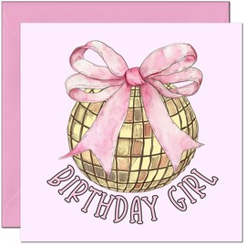 Girls Birthday Card for Daughter - Gold Glitterball Pink Bow - Teenage Birthday Card for Women Ladies 16th 18th 21st Niece, Granddaughter, Sister