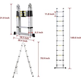 Power Industrial Telescopic Expansion Ladder A Type Multi-Function Folding Stepladder Wheel Super Heavy Duty Indoor 3.8Outdoor Industrial ('A' 1.9+1.9m 'I' 3.8m)